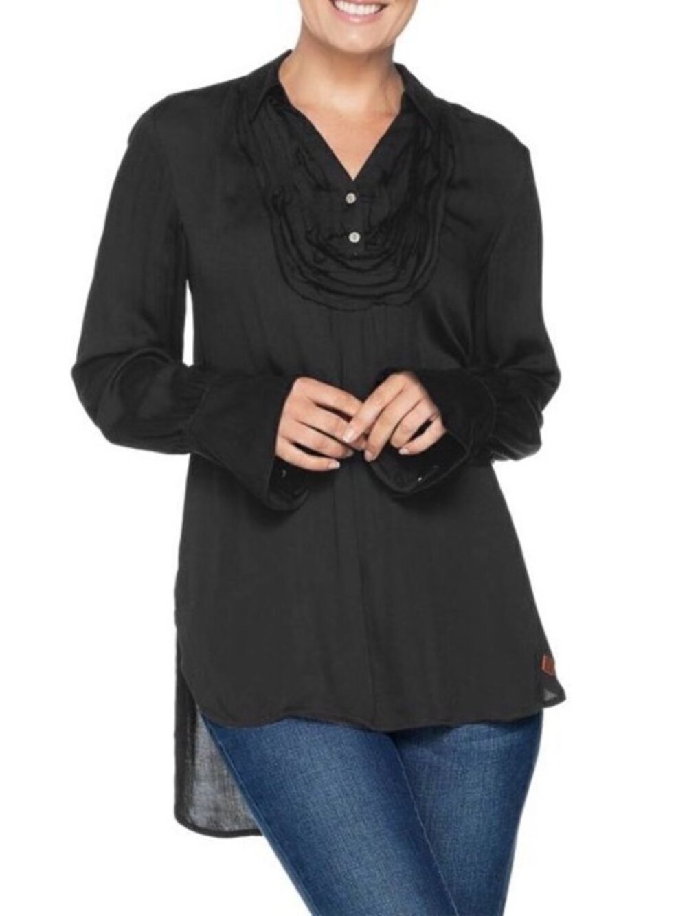 Peace Love World Tuxedo Blouse with Belle Sleeves